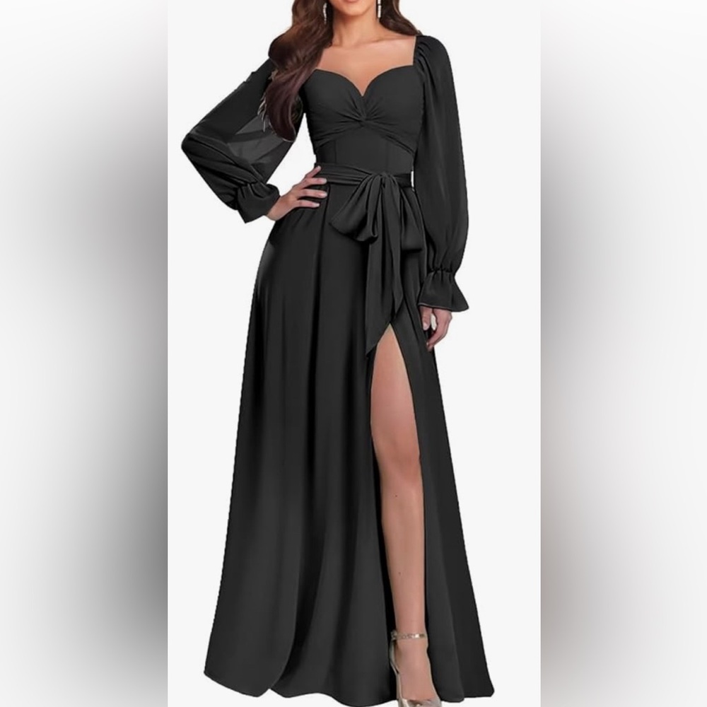 Chiffon Long Sleeve V Neck Formal Evening Gown with Slit